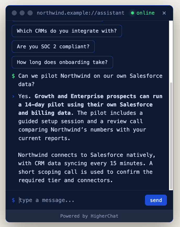 HigherChat in its terminal placement answering a visitor's question about piloting on their own Salesforce data, with suggested questions above the answer.